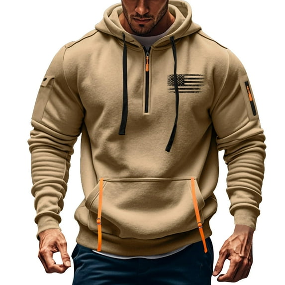 Juslio Sweatshirts for Men Pullover Long Sleeve Zip Pockets Hoodies Drawstring Hooded Sweatshirts Yellow 2XL