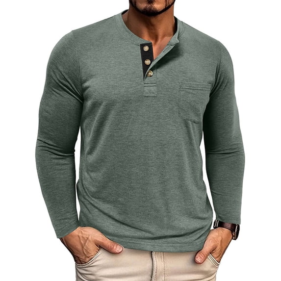 JUSLIO Shirts for Men with Pockets Solid Tops Fashion Long Sleeve Round Neck Tops Army Green L
