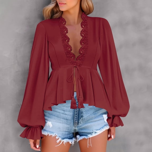 JUSLIO Fall/Winter Shirts for Women Casual Solid Blouses Fashion Long sleeve V Neck Blouses Wine S