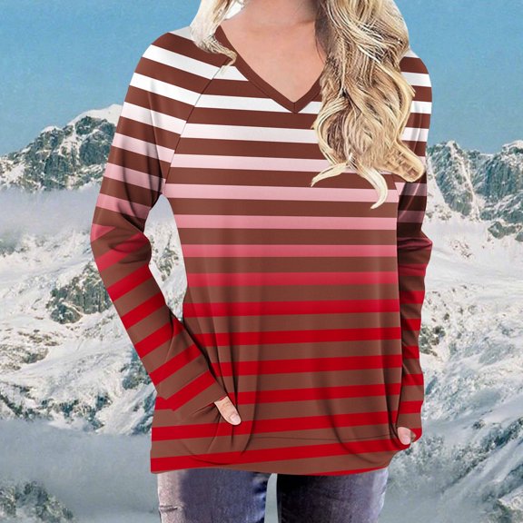 JUSLIO Shirts for Women Relaxed Fit Pullover Blouses Graphic Long Sleeve V Neck Blouses Red S