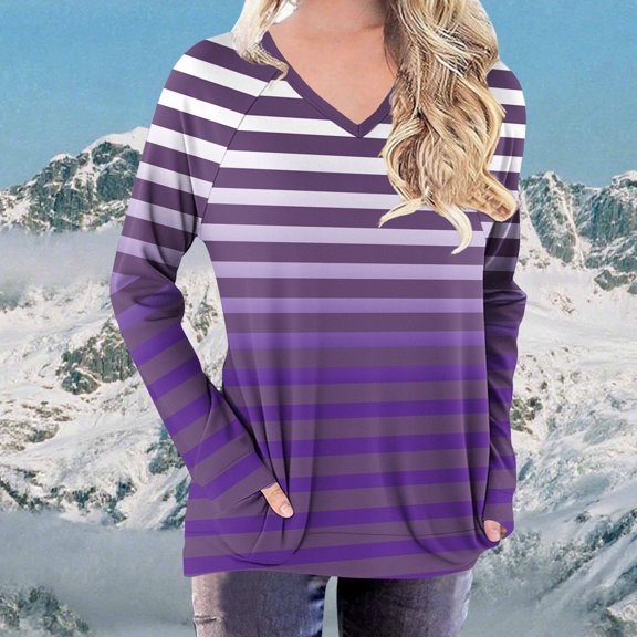 JUSLIO Tops for Women Relaxed Fit Pullover Shirts Graphic Long Sleeve V Neck Shirts Purple XL