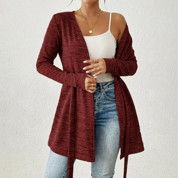JUSLIO Tops for Women Relaxed Fit Solid Cardigans Lace-up Long Sleeve Cardigans Wine 2XL