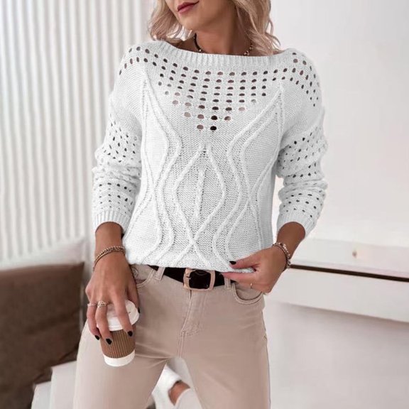 JUSLIO Tops for Women Relaxed Fit Solid Shirts Fashion Long Sleeve Round Neck Shirts White L