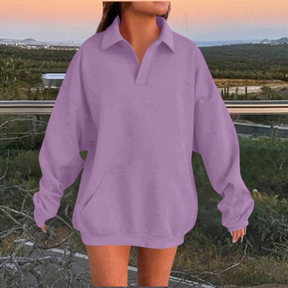 JUSLIO Tops for Women Relaxed Fit with Pockets Sweatshirts Solid Long Sleeve Collar Sweatshirts Purple 2XL
