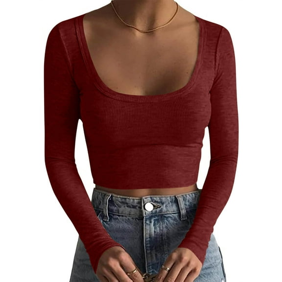 JUSLIO Fall/Winter Women Tops Knit Solid Blouses Fashion Long sleeve Round Neck Blouses Wine S