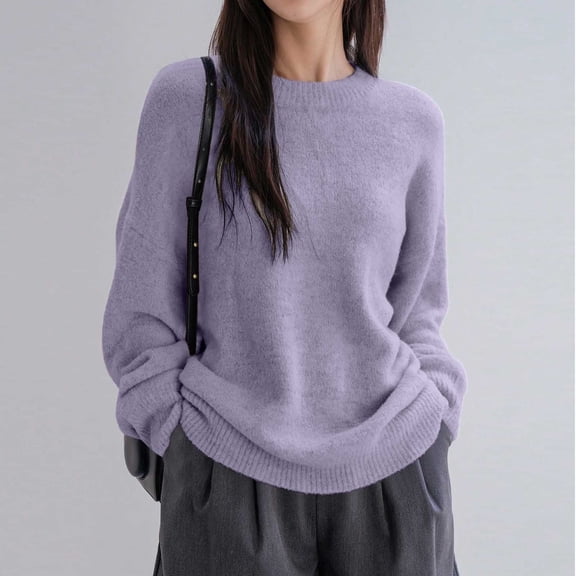 JUSLIO Women Tops Knit Solid Shirts Fashion Long Sleeve Round Neck Shirts Purple Free Size