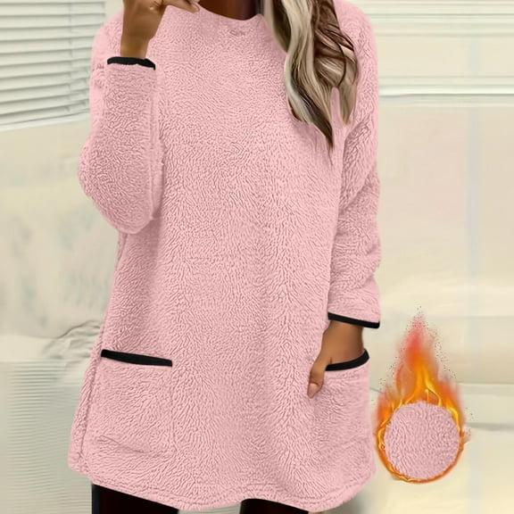 JUSLIO Fall/Winter Women Tops Relaxed Fit Fleece Shirts with Pockets Long sleeve Round Neck Shirts Pink S
