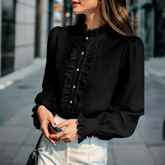 JUSLIO Womens Blouses Casual Solid Shirts Tops Fashion Long Sleeve Round Neck Shirts Tops Black S