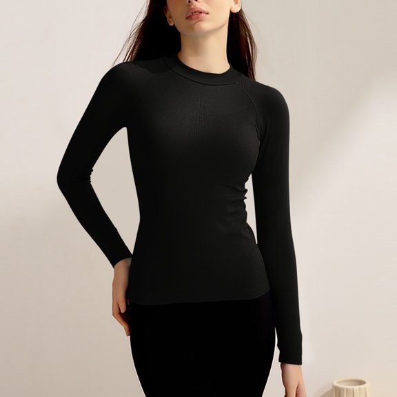 JUSLIO Womens Shirts Casual Fashion Blouses Long Sleeve Round Neck Blouses Black S