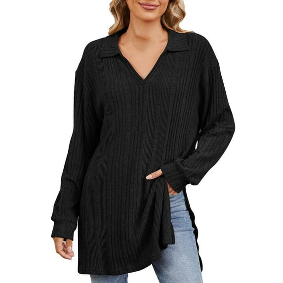 JUSLIO Womens Shirts Casual Solid Blouses Fashion Long Sleeve Collar Blouses Black M