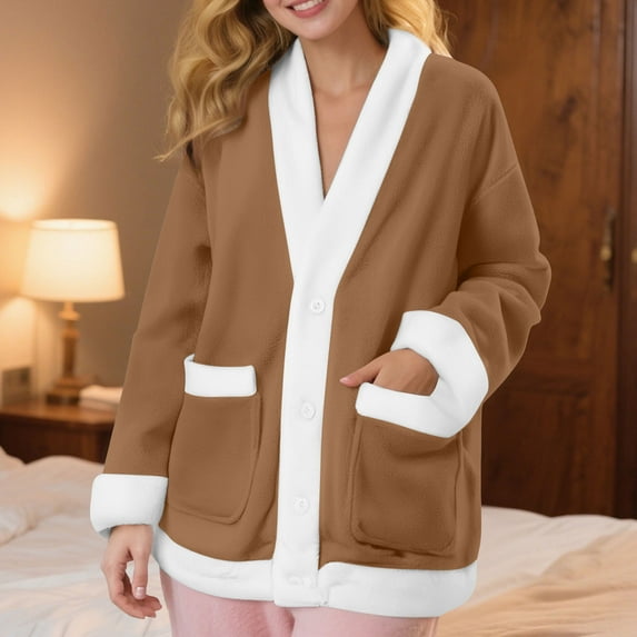JUSLIO Flannel Womens Blouses Fleece Pajamas Cardigans Fashion Long sleeve Cardigans Brown 2XL