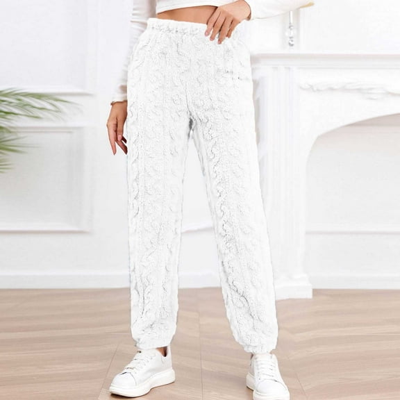 JUSLIO Fleece Pajama Pants for Women Regular Fit Comfortable Elastic Waist Casual Lounge Warm Pajama Pants White Free Size
