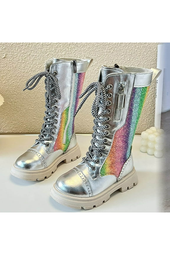 Girl Shoes Boots for Girls Kids Knee-High Boots Zipper Princess (Toddler/Little Kid/Big Kid) Shoes 34(US:1 M) Silver
