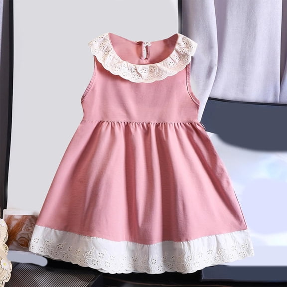 JUSLIO Girls Beach Dress Ruffle Crew Neck Sleeveless Casual Cotton Dresses Size 5 Y