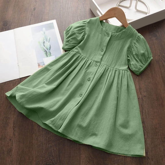 JUSLIO Girls Beach Dress Solid Crew Neck Short Sleeve Casual Cotton Dresses Size 6 Y