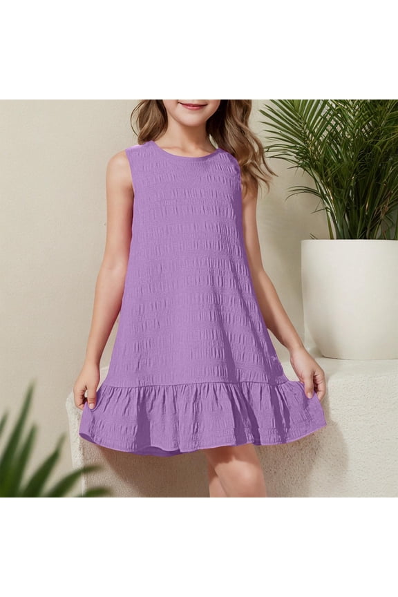 Girls Beach Dress Solid Crew Neck Sleeveless Casual Dresses Size 3 Y