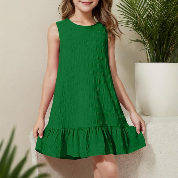 JUSLIO Girls Beach Dress Solid Crew Neck Sleeveless Casual Dresses Size 7 Y
