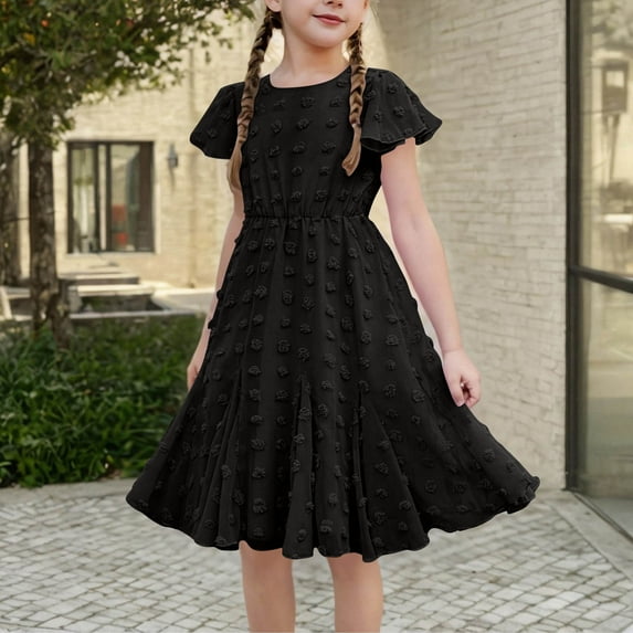 JUSLIO Girls Black Dress Ruffle Crew Neck Short Sleeve Casual Dresses Size 6