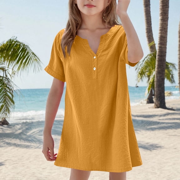 JUSLIO Girls Button Dress Solid V Neck Short Sleeve Casual Dresses Size 12
