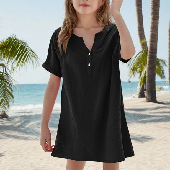 JUSLIO Girls Button Dress Solid V Neck Short Sleeve Casual Dresses Size 6
