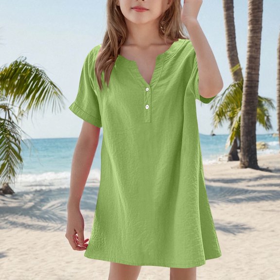 JUSLIO Girls Button Dress Solid V Neck Short Sleeve Casual Dresses Size 6