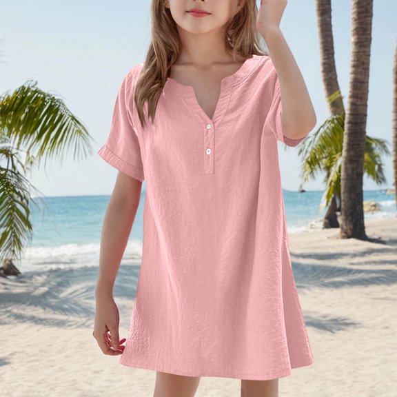 JUSLIO Girls Button Dress Solid V Neck Short Sleeve Casual Dresses Size 6
