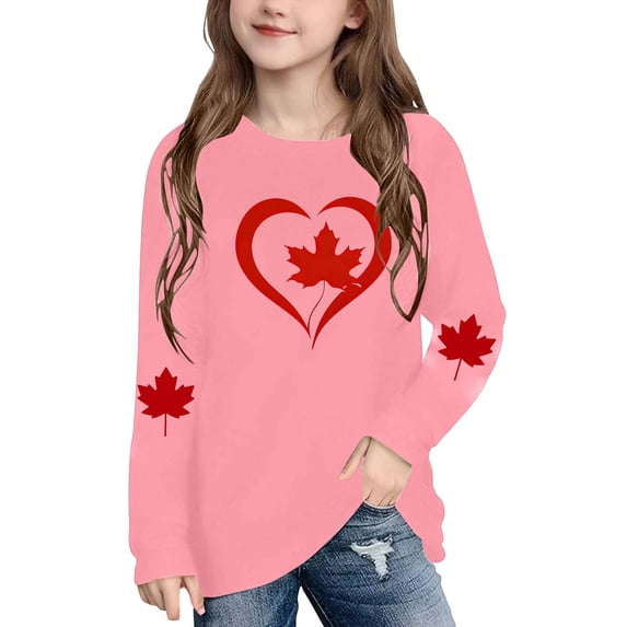 JUSLIO Girls Clothes Red Heart Maple Leaf Print Cotton Soft Breathable Long Sleeve Shirts,Unisex Boys Girls Pink Shirts