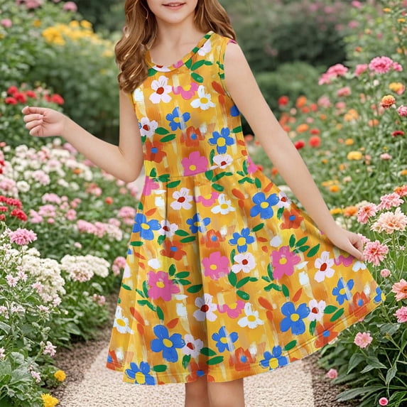 JUSLIO Girls Dance Dress Dancewear Crew Neck Sleeveless Casual Dresses Size 4 Y