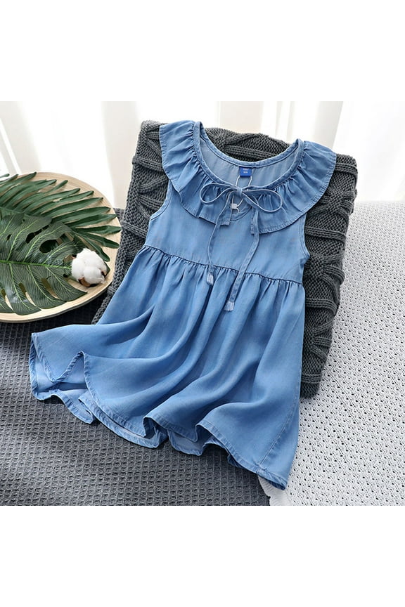 Girls Denim Dress Solid Crew Neck Sleeveless Casual Dresses Size 3 Y