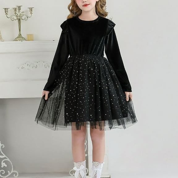 JUSLIO Girls Dresses Tulle Ruffle Winter Girl Dresses Round Neck Casual Long Sleeve Dresses
