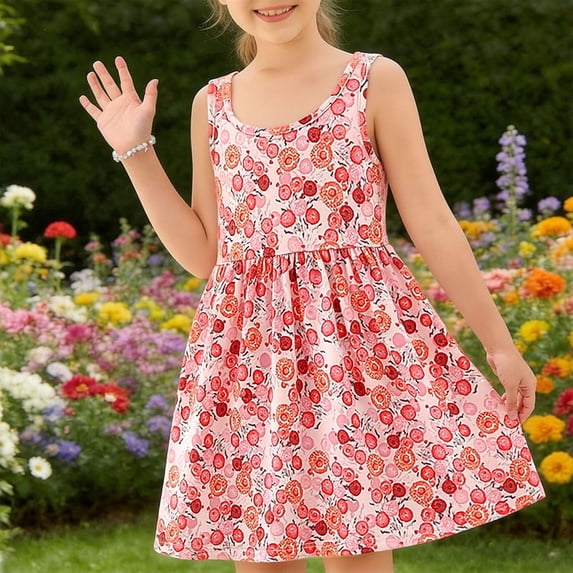 JUSLIO Girls Dresses Round Neck Summer Casual Floral Print Sleeveless Tank Dress Girls 9-10 Years