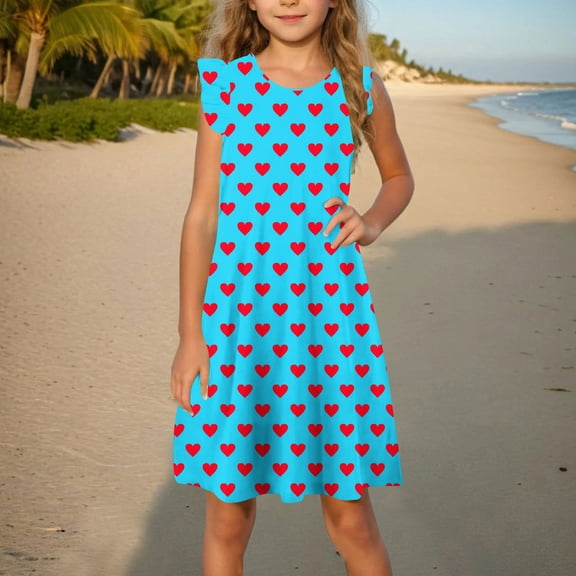 JUSLIO Girls Flying Sleeve Dress Print Crew Neck Sleeveless Casual Dresses Size 7 Y
