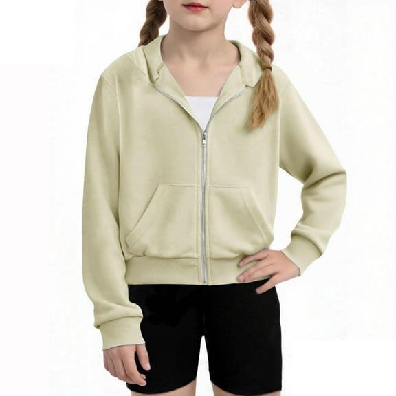 JUSLIO Girls Hoodie Athletic Zipper Hooded Sweatshirt Fall/Winter Pockets Long Sleeve Tops Sweatshirts Beige(4 Years)