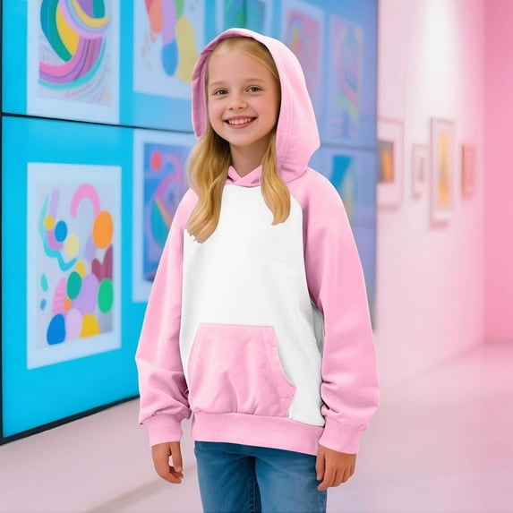 JUSLIO Girls Hoodie Round Neck Color Blocked Hooded Sweatshirt Solid Color Pockets Unisex Long Sleeve Tops Sweatshirts(2 Years）