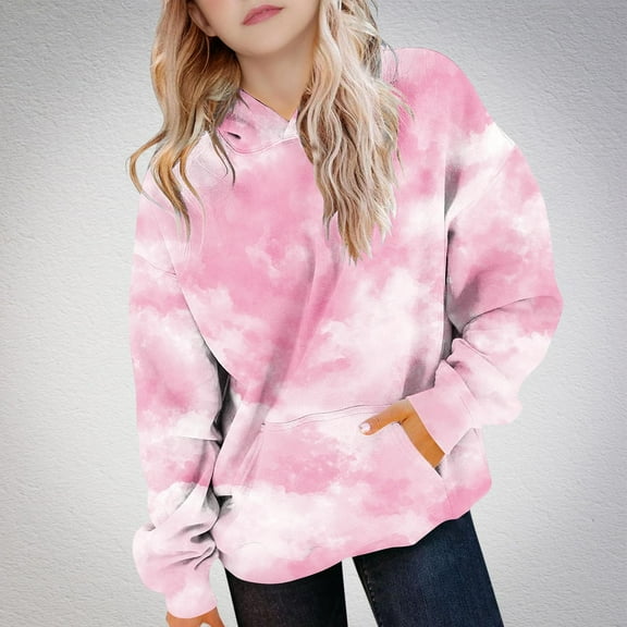 JUSLIO Girls Hoodie Round Neck Tie Dye Hooded Sweatshirt Graphic Print Pockets Unisex Long Sleeve Tops Sweatshirts(9 Years)