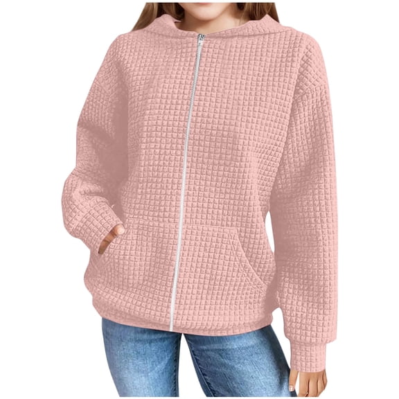 JUSLIO Girls Hoodie Round Neck Zipper Hooded Sweatshirt Solid Color Fall/Winter Long Sleeve Tops Sweatshirts Pink(13Y)