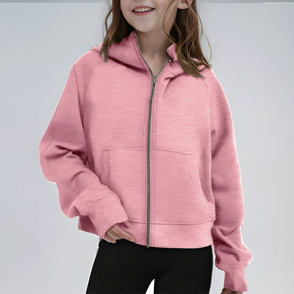 JUSLIO Girls Hoodies Fall/Winter Zipper Hooded Sweatshirt Solid Color Pockets Long Sleeve Tops Sweatshirts Pink（7 Years）