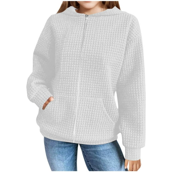 JUSLIO Girls Hoodies Round Neck Zipper Hooded Sweatshirt Solid Color Casual Long Sleeve Tops Sweatshirts White(10Y）