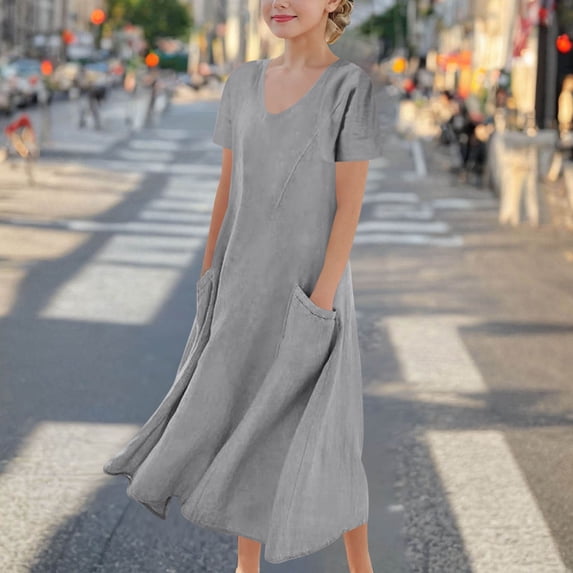 JUSLIO Girls Linen Dress with Pockets Crew Neck Short Sleeve Casual Dresses Size 9 Y