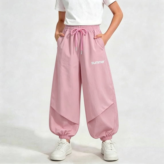 JUSLIO Girls Pants,Drawstring Jogger Pants Layered Spliced Casual Trousers with Letter Print Side Pockets Pink 13-14 Years