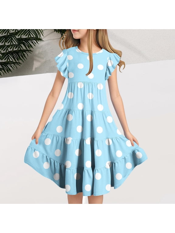 Girls Patchwork Dress Polka Dot Crew Neck Short Sleeve with Pockets Casual Dresses Size 12 Y