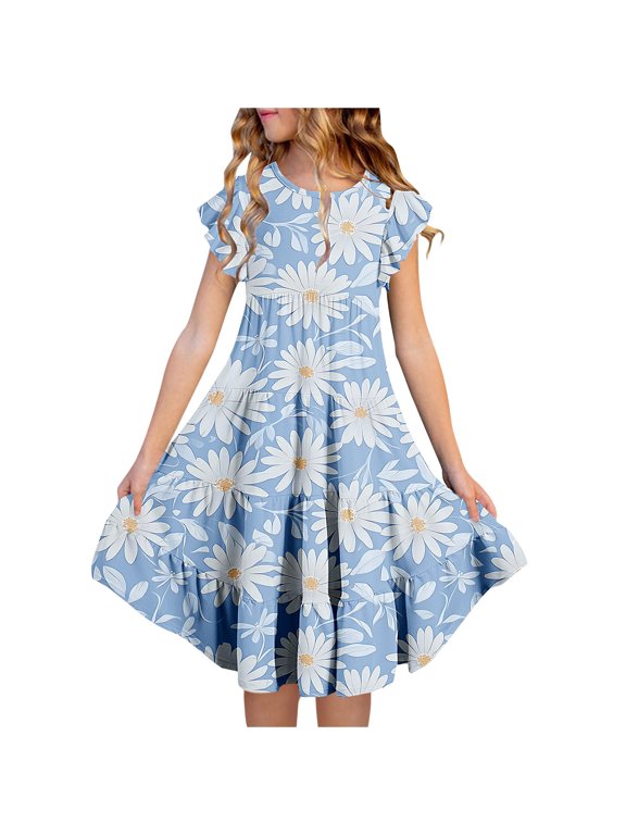 Girls Patchwork Dress with Pockets Crew Neck Short Sleeve Casual Dresses Size 6-7 Y