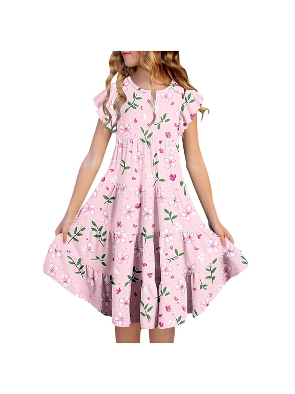 Girls Patchwork Dress with Pockets Crew Neck Short Sleeve Casual Dresses Size 6-7 Y