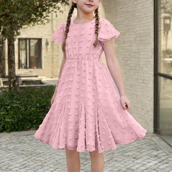 JUSLIO Girls Pink Dress Ruffle Crew Neck Short Sleeve Casual Dresses Size 7