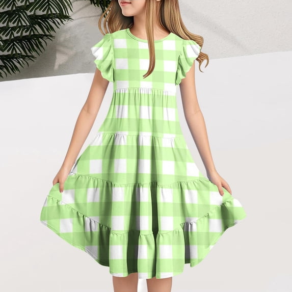 JUSLIO Girls Plaid Dress with Pockets Crew Neck Short Sleeve Casual Dresses Size 10 Y