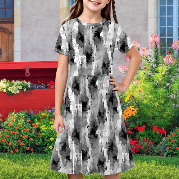 JUSLIO Girls Pleated Dress Cute Casual Short Sleeve Dresses Size 7 Y