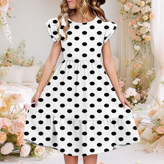 JUSLIO Girls Pleated Dress Cute Crew Neck Flutter Casual Dresses Size 5 Y