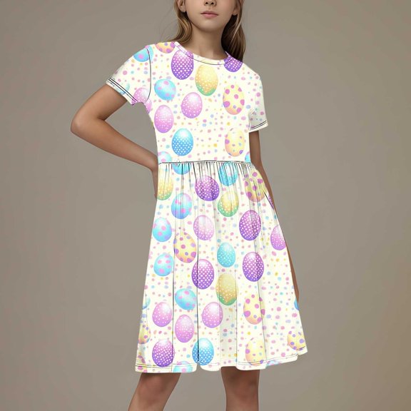 JUSLIO Girls Pleated Dress Print Casual Short Sleeve Dresses Size 14