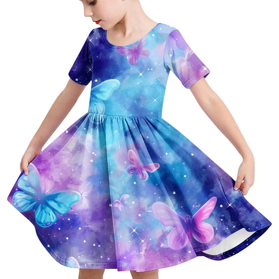 JUSLIO Girls Pleated Dress Print Casual Short Sleeve Dresses Size 4 Y