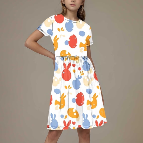 JUSLIO Girls Pleated Dress Print Casual Short Sleeve Dresses Size 6